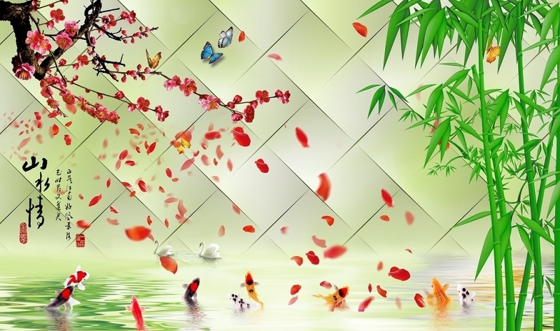 山水情新中式花鸟背景墙图片