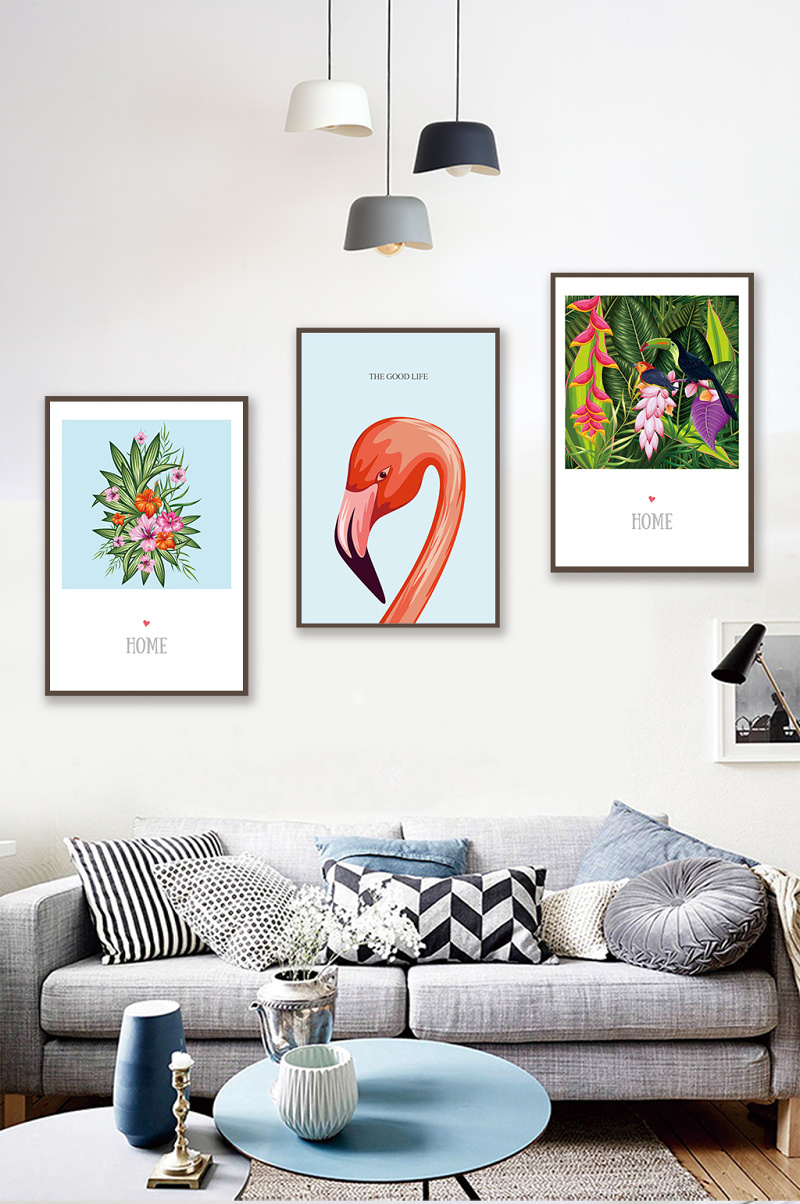 彩色火烈鸟植物北欧插画三联装饰画