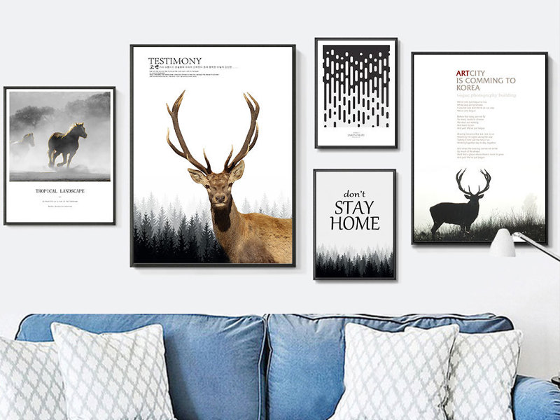 原创北欧简约黑白麋鹿风景组合装饰画-版权可商用