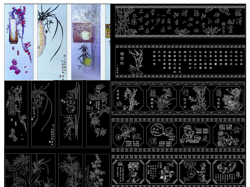 原创梅兰竹菊装饰画背景墙CAD图库-版权可商用