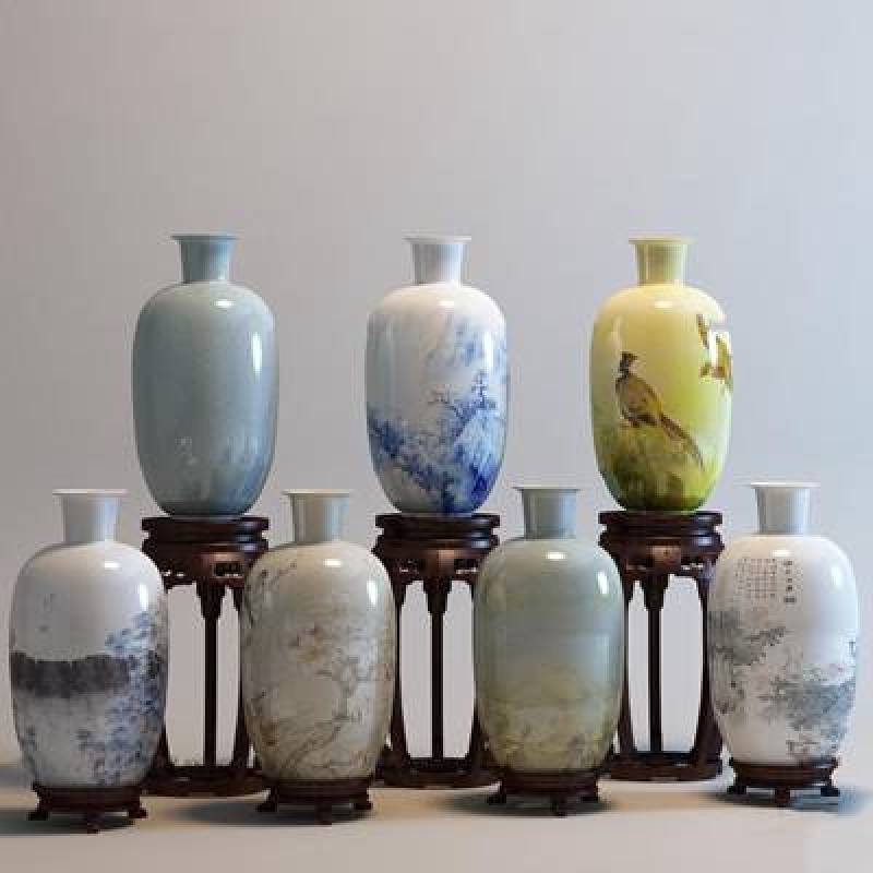 中式陶瓷花瓶花架组合3D模型下载 中式陶瓷花瓶花架组合3D模型下载