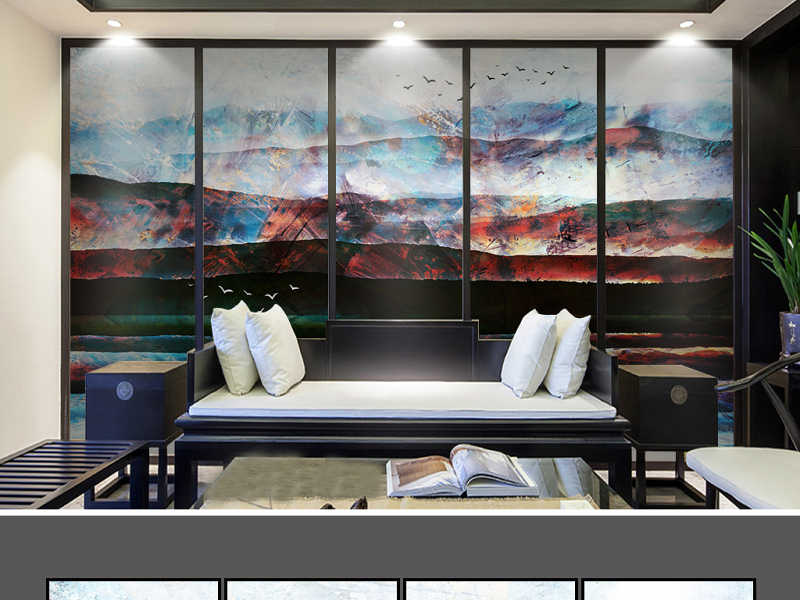 新中式抽象水墨山水装饰画电视沙发背...