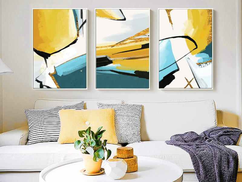原创现代简约手绘抽象色彩色块金色线条客厅装饰画