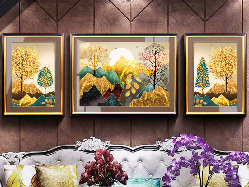 原创欧式复古手绘抽象油画山水金色发财树客厅装饰画-版权可商用