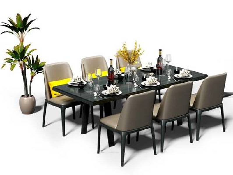 现代餐桌椅盆栽摆件组合3D模型下载 现代餐桌椅盆栽摆件组合3D模型下载