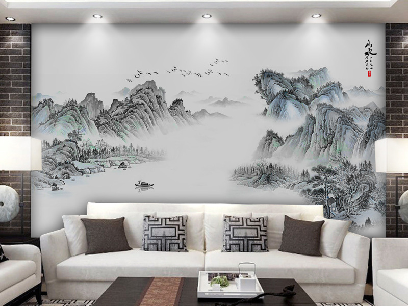 原创新中式意境抽象水墨山水客厅背景墙壁画-版权可商用