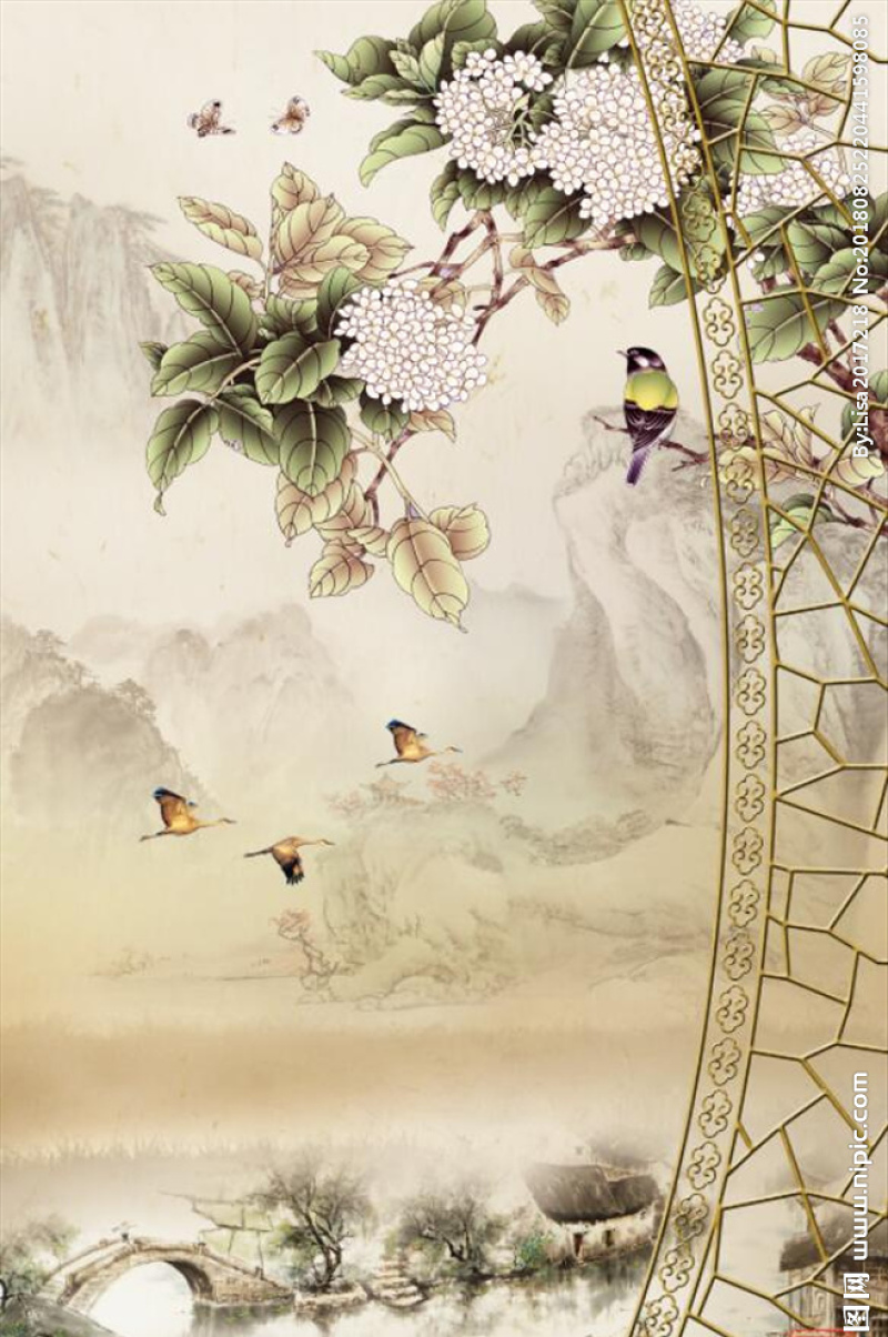 中式花框玄关屏风创意飞鸟水墨背图片