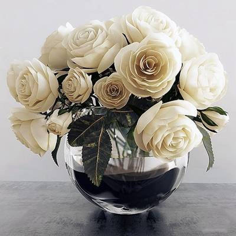 现代玻璃花瓶白玫瑰3D模型下载 现代玻璃花瓶白玫瑰3D模型下载