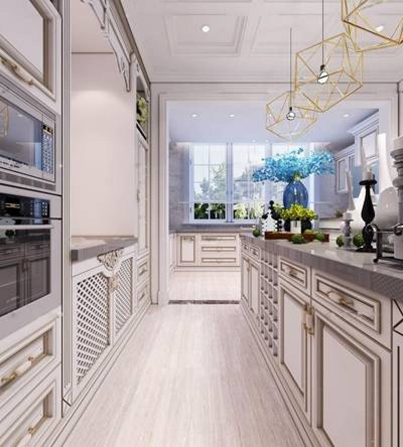 欧式厨房白色实木整体橱柜3D模型下载 欧式厨房白色实木整体橱柜3D模型下载