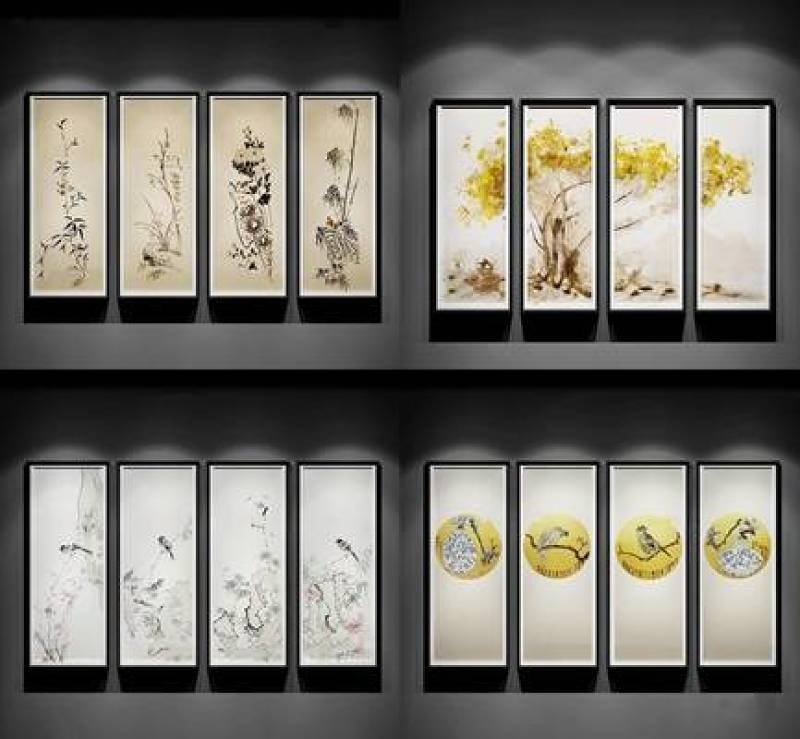 新中式手绘花草装饰画组合3D模型下载 新中式手绘花草装饰画组合3D模型下载