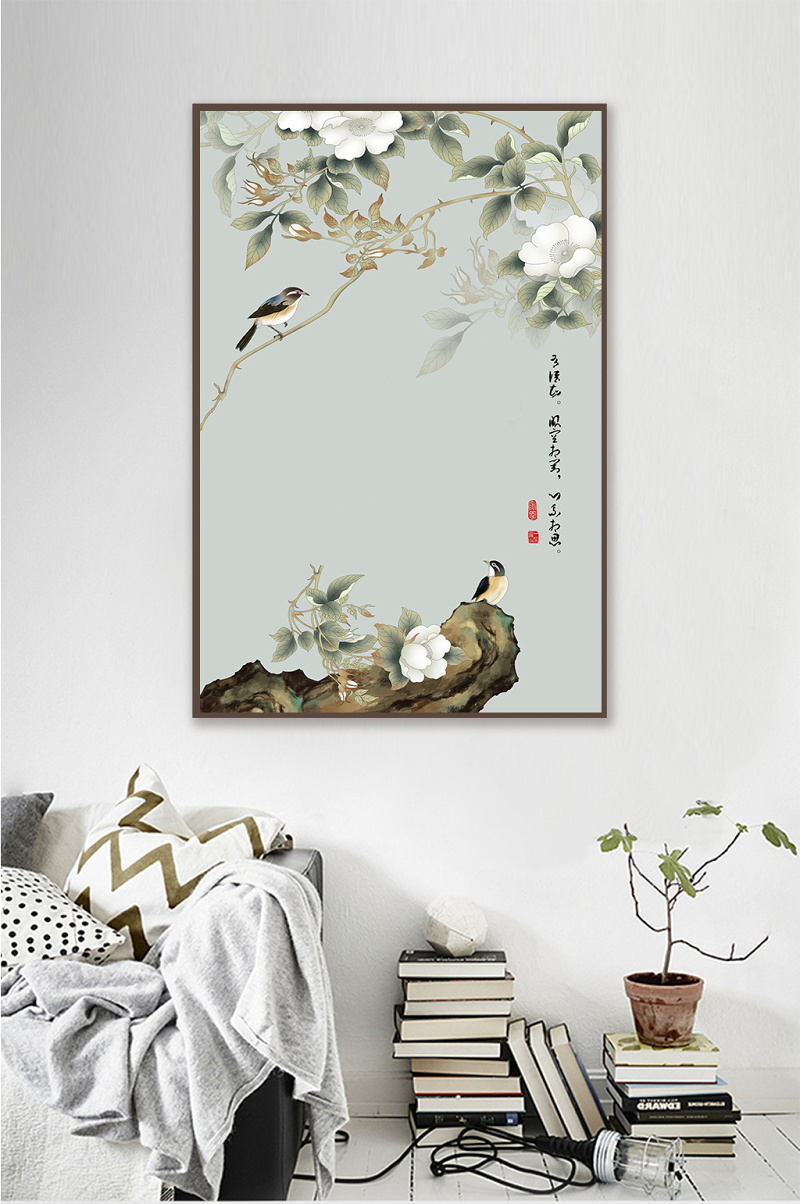 新中式白色花朵枝头喜鹊风景一联装饰画