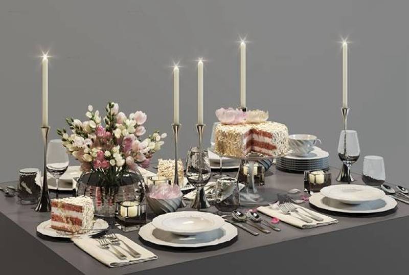 现代餐具蛋糕烛台花卉摆件组合3D模型下载 现代餐具蛋糕烛台花卉摆件组合3D模型下载