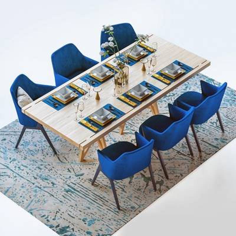 现代实木餐桌椅餐具组合3D模型下载下载 现代实木餐桌椅餐具组合3D模型下载下载