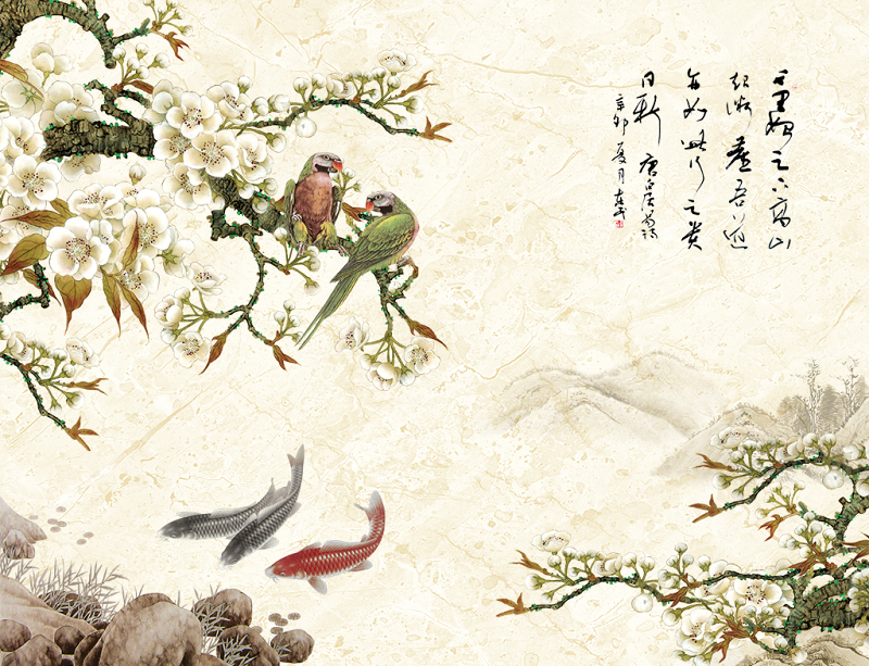 手绘工笔花鸟新中式背景墙装饰画图片