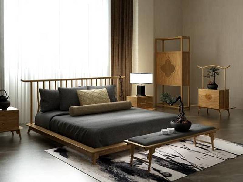 新中式双人床床头柜装饰柜组合3D模型下载 新中式双人床床头柜装饰柜组合3D模型下载