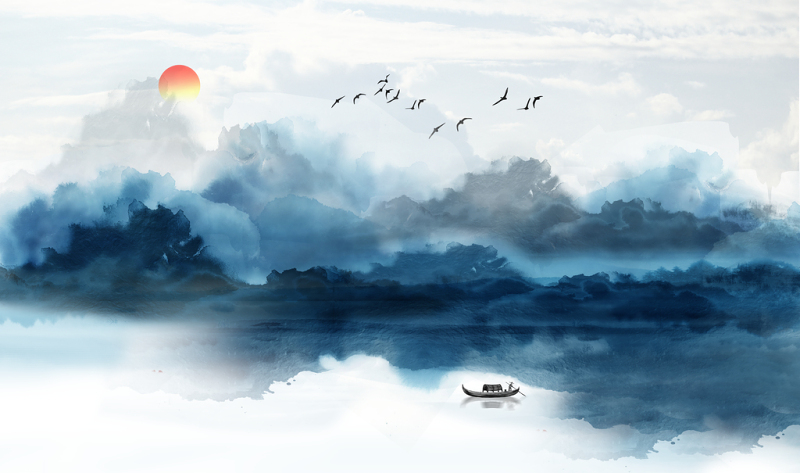 中式水墨山水小船背景墙图片