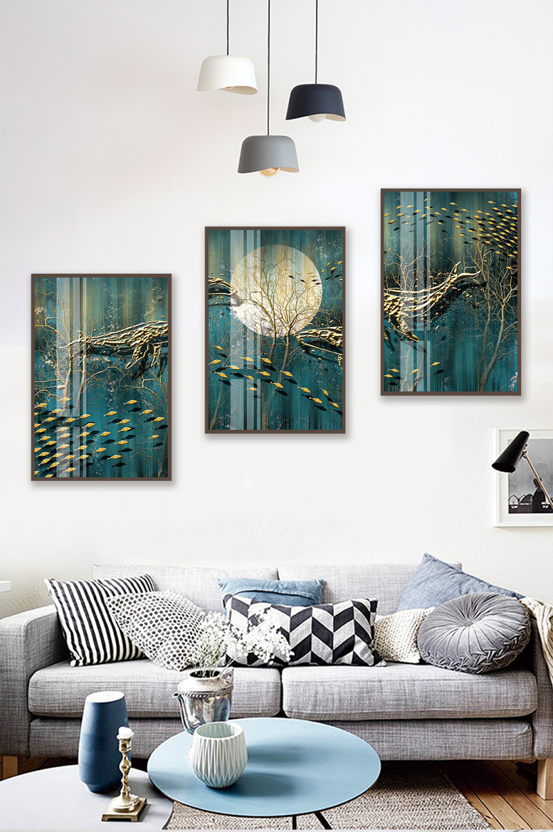 新中式文艺森林动物鲸鱼晶瓷风景客厅装饰画