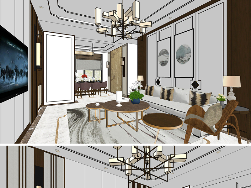 原创新中式别墅家装客厅室内设计餐厅室内设计方案SU模型-版权可商用