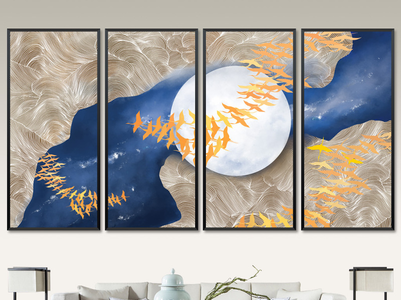 原创新中式禅意水墨抽象月亮河精品四联装饰画