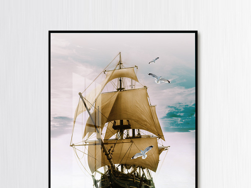 原创欧式手绘油画一帆风顺大海帆船飞鸟玄关装饰画-版权可商用