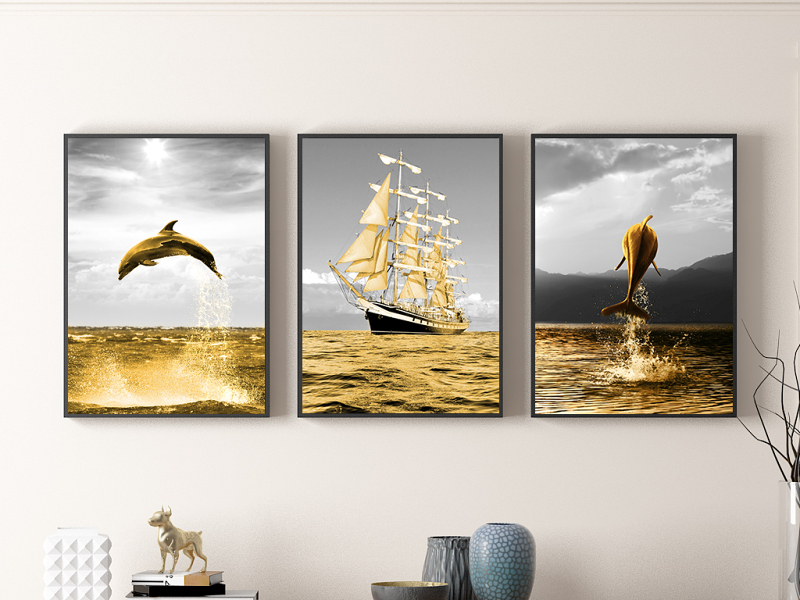 原创北欧艺术黑白金色帆船海豚客厅装饰画