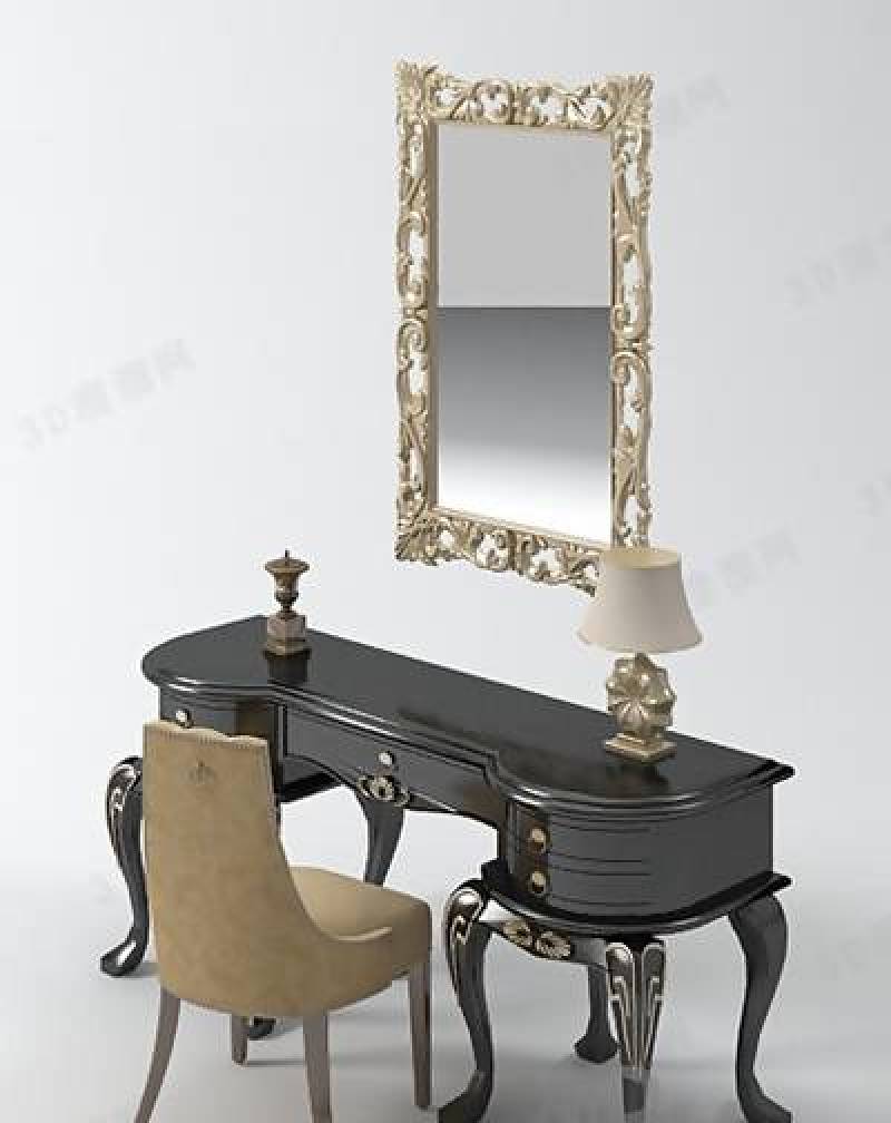 美式简约黑色木艺妆台妆椅组合3D模型下载 美式简约黑色木艺妆台妆椅组合3D模型下载