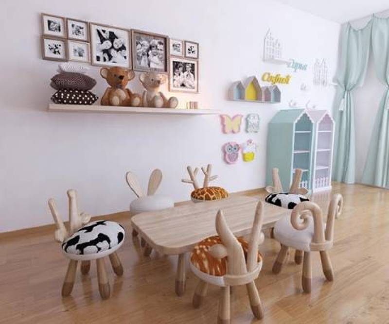 现代儿童桌动物凳子玩具装饰架组合3D模型下载 现代儿童桌动物凳子玩具装饰架组合3D模型下载