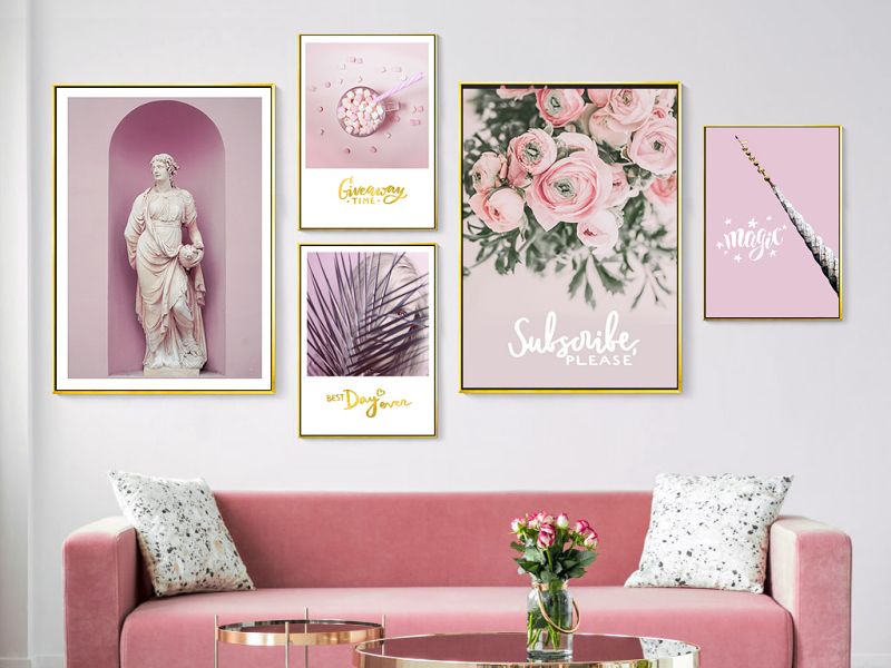 原创北欧ins现代简约小清新粉色雕塑鲜花卉组合照片墙装饰画-版权可商用