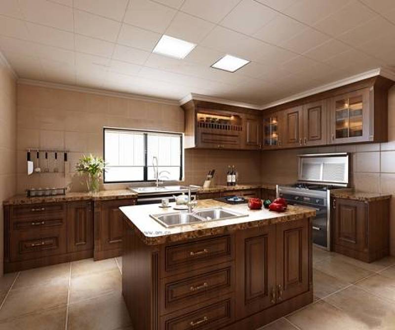 美式敞开式厨房实木橱柜3D模型下载 美式敞开式厨房实木橱柜3D模型下载