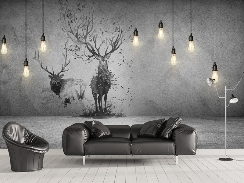 原创北欧3D立体吊灯麋鹿背景墙装饰画-版权可商用
