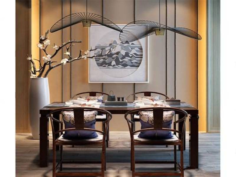 现代新中式餐厅餐桌椅植物吊灯挂画组合3D模型下载 现代新中式餐厅餐桌椅植物吊灯挂画组合3D模型下载