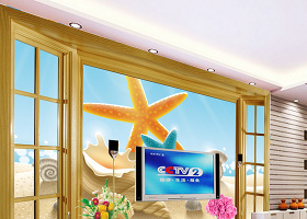 3D窗外海边沙滩风景时尚高清电视背...