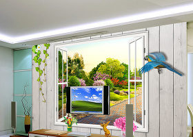 窗外园林风景时尚高清3D立体电视背...