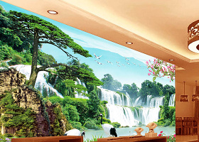 中式瀑布风景山水画背景墙