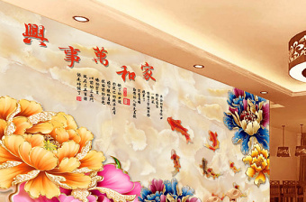 中国风彩雕牡丹花背景电视墙