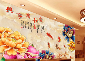 中国风彩雕牡丹花背景电视墙