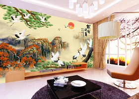 松鹤延年中国风古典电视背景墙壁画