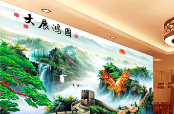 中国风彩画万里长城电视墙设计