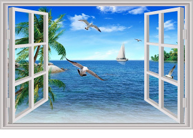3D窗外风光海鸥立体电视背景墙画