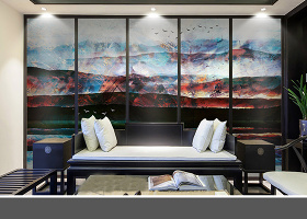 新中式抽象水墨山水装饰画电视沙发背...