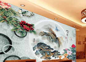 中式牡丹花中国风山水画壁画