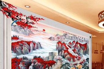 国画卷轴水墨画万里长城电视墙设计