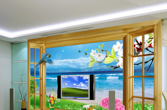 窗外海边沙滩风景3D立体时尚电视背...