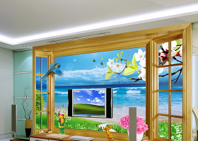 窗外海边沙滩风景3D立体时尚电视背...
