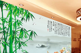 中式竹子山水画电视墙设计
