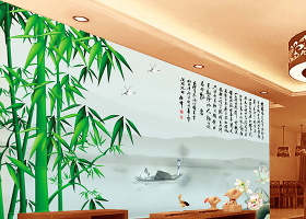 中式竹子山水画电视墙设计