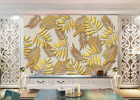 布纹3D立体浮雕金色叶子背景墙装饰画