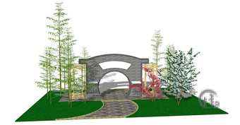中式景观墙园林效果图skp模型