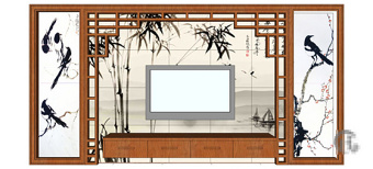 中式水墨画电视背景墙skp模型