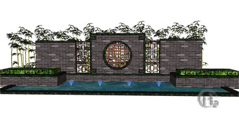 中式景观墙效果图skp模型